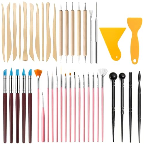 43PCS Polymer Clay Tools Kit, Clay Sculpting Art Tool Set with Wooden Carving Tools, Ball Stylus, Silicone Scrapers, Art Brushes & Detail Needles for Pottery, Modeling, DIY Crafts for Beginners-Pink - color: 43Pcs-Pink