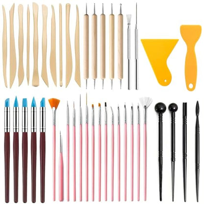 43PCS Polymer Clay Tools Kit, Clay Sculpting Art Tool Set with Wooden Carving Tools, Ball Stylus, Silicone Scrapers, Art Brushes & Detail Needles for Pottery, Modeling, DIY Crafts for Beginners-Pink - color: 43Pcs-Pink