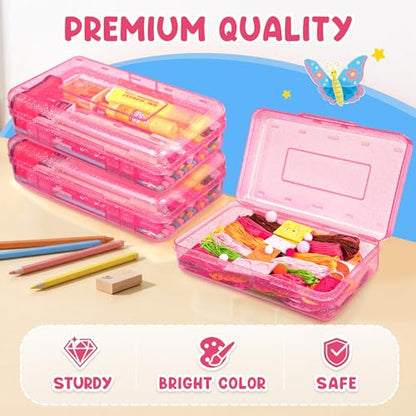 GAMENOTE Plastic Pencil Box with Snap Lid, School Supply Case, Glitter Pink | Kid Large Hard Pencil Case with Personalized Sticker, Snap-tight Lid, Small Art Craft Storage Containers for Boys, Girls - color: Glitter Pink