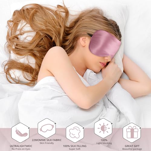 Sleep Mask, 100% 22 Momme Mulberry Silk Eye Mask with Adjustable Strap | Eye Sleeping Mask for Women Men, 100% Mulberry Silk, 22 Momme 6a Fibers, Blackout Blindfold Eye Cover for Side Sleeper(Pink) - color: Pink 22 Momme