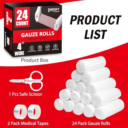 DMSKY 24 Pack Gauze Rolls, 4 in x 4.1 Yards | Individually Wrapped Gauze Wrap Roll for Wounds, Premium Bandage Wrap Rolled Gauzes, Mummy Wraps - color: 24pack, size: 4 IN