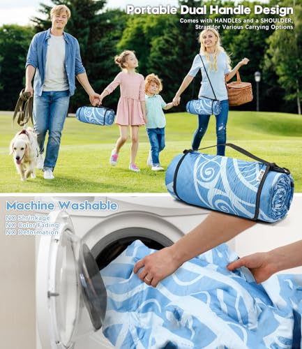 DEWUR Picnic Blankets 79"x79" Extra Large Outdoor Blanket Beach Blanket Waterproof SandProof Picnic Mat Washable Foldable Portable for Grass Lawn Beach Camping - color: Blue Leaves