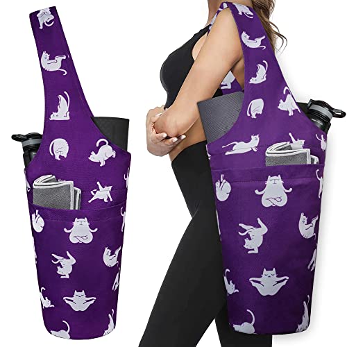 Yoga Mat Bag - Long Tote with Pockets - Holds More Yoga Accessories - Yoga Bag Fit Most Size Mats - Yoga Mat Carrier - color: Cat Yoga Purple
