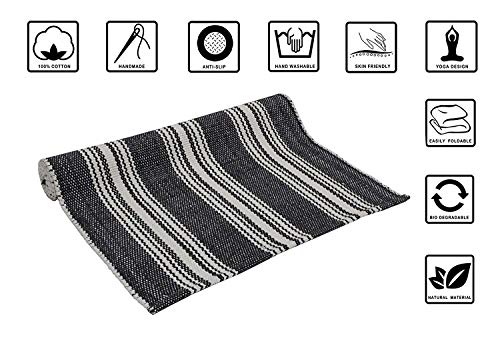 Hand Woven 100% Cotton Yoga Mat- Thick Handloom Made in India- for Gym Floor Exercise - Runner for Bedroom - color: Charcoal