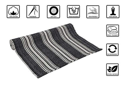 Hand Woven 100% Cotton Yoga Mat- Thick Handloom Made in India- for Gym Floor Exercise - Runner for Bedroom - color: Charcoal