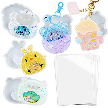 FUNSHOWCASE Epoxy Resin Shaker Molds Set Jewelry Casting Supplies, Bear, Chick, Sheep, Beer Mug, Game Console 5 Silicone Trays with 5 Seal Films, Height 2-2.4inch - color: Keychain Charms Craft 10-Pack