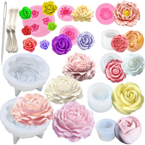 13 PCS Flower Silicone Candle Mold Flower Molds Candle Making Molds with Large-Eye Wicking Needle,Candlewick for Soy Wax, Beeswax, Candle Making Resin Cake Mold Clay Making Molds - color: 13 PCS Flower Set