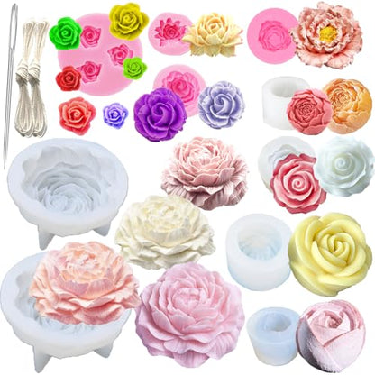 13 PCS Flower Silicone Candle Mold Flower Molds Candle Making Molds with Large-Eye Wicking Needle,Candlewick for Soy Wax, Beeswax, Candle Making Resin Cake Mold Clay Making Molds - color: 13 PCS Flower Set