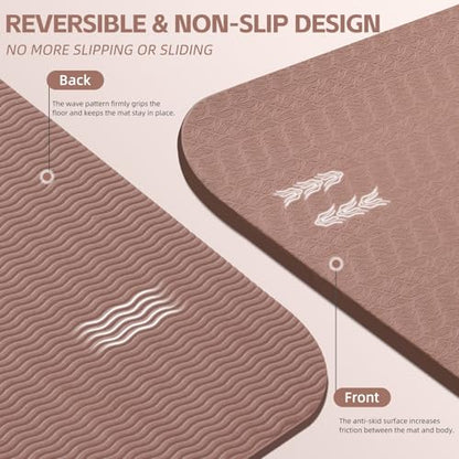 PAIDU Large Yoga Mat, 72"x36"x2/5" POE Non-Slip Exercise Mat | 10MM Thick, POE, non‑slip, ideal for home gym, yoga, pilates, fitness & floor use - color: Brown - LOGO