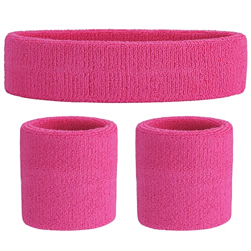 ONUPGO Sweatband Set Sports Headband Wristband Set Sweatbands Terry Cloth Wristband Wrist Sweatband Headbands Moisture Wicking Sweat Absorbing Head Band - color: Pink