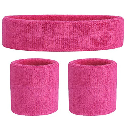 ONUPGO Sweatband Set Sports Headband Wristband Set Sweatbands Terry Cloth Wristband Wrist Sweatband Headbands Moisture Wicking Sweat Absorbing Head Band - color: Pink