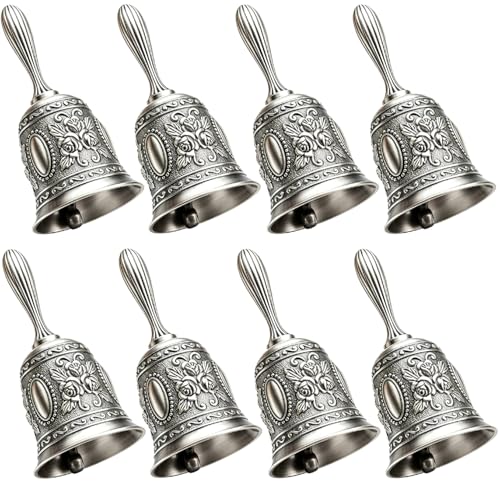 Vintage Silver Hand Bell,Dinner Bell,Embossed Metal Call Bell,8 Pack Small Retro Decorative Bells for Meditation, Home Kitchen Table Service Bell - color: Vintage Silver, size: 8-PACK