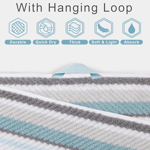 VOOVA & MOVAS Aqua Bath Towels 4 Pack, 100% Cotton, 28x52 in, Striped - color: Gray + Aqua Striped, size: 4 PC Bath Towels (28"x52")
