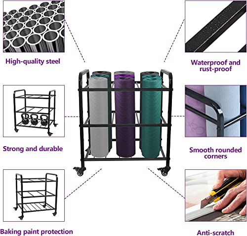 MM MELISEN Black Yoga Mat Storage Rack, Home Gym Studio Organizer Cart for Foam Roller, Yoga Strap and Resistance Bands, Movable Black Sports Equipment Storage Rack with Wheels