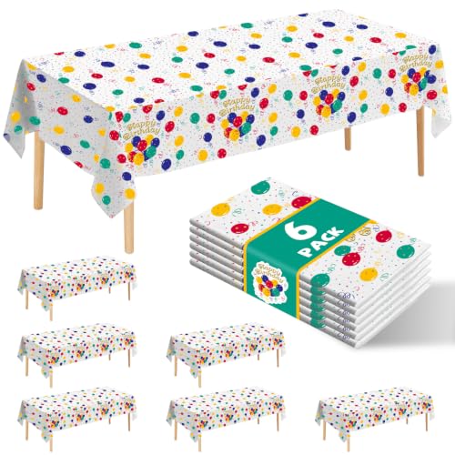 6 Pack Happy Birthday Plastic Tablecloths,108" x 54"Rectangle Disposable Table Covers for Picnic Birthday Wedding Parties (Balloon) - color: Balloon