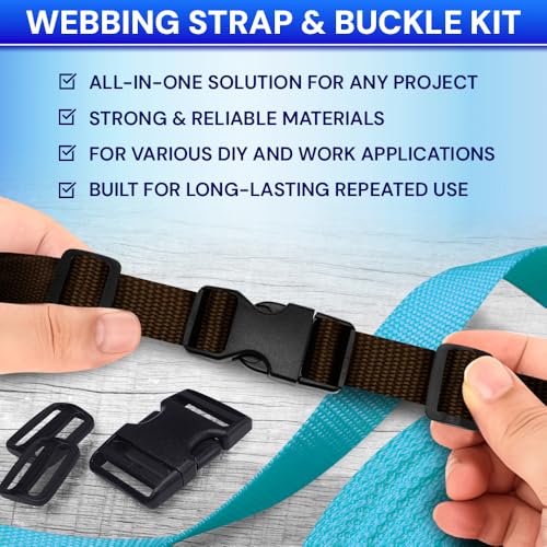 TECEUM 1" Nylon Strap Kit with Buckles, Brown 6 yards Repair Set | Heavy duty hardware kit: 6yd webbing, 6 quick release buckles, 12 tri-glide slide clips, 6 metal D-rings for crafting. - color: Brown, size: 1" - 6 yards, style: 6 Buckle - 12 Slides - 6 D