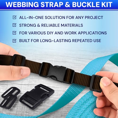 TECEUM 3/4" Nylon Strap Kit with Buckles, Brown 6 yards Repair Set | Heavy duty hardware kit: 6yd webbing, 6 quick release buckles, 12 tri-glide slide clips, 6 metal D-rings for crafting. - color: Brown, size: 3/4" - 6 yards, style: 6 Buckle - 12 Slides -