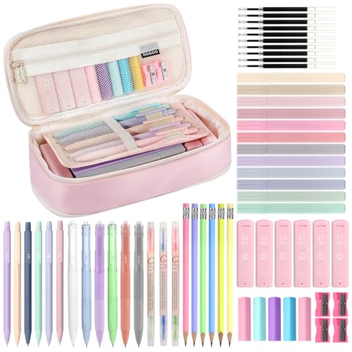 MoKo Pencil Case with Supplies, 59Pcs Aesthetic School Set, Pink | Includes gel pens, wooden and mechanical pencils, 0.5 and 0.7 mm refills, highlighters, erasers and sharpeners. - color: Pink-59P
