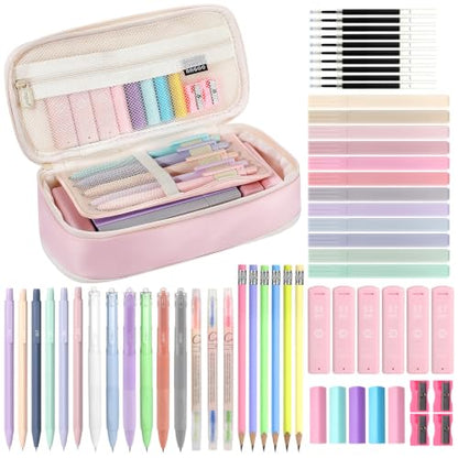 MoKo Pencil Case with Supplies, 59Pcs Aesthetic School Set, Pink | Includes gel pens, wooden and mechanical pencils, 0.5 and 0.7 mm refills, highlighters, erasers and sharpeners. - color: Pink-59P