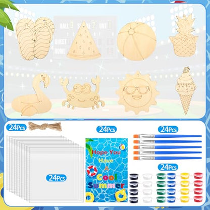 Saypacck 24 Pcs Summer Beach Party Favors Wooden Paint Craft Kits | Hawaiian Theme Kids Crafts, Includes Paints Brushes Organza Bags, Goodie Fillers for Preschool Birthday Gifts - style: Summer