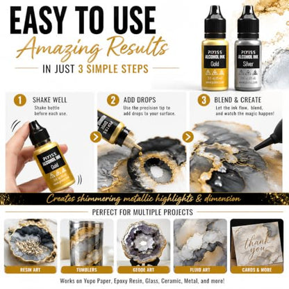 Pixiss Metallic Alcohol Ink Set - Silver and Gold Metallic Alcohol Ink Mixatives, 0.5oz Metallic Alcohol Pigment Resin Dye, Alcohol Inks for Epoxy Resin, Metallic Mixative for Yupo and Tumbler Cups
