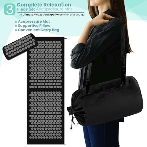 Sivan Acupressure Mat & Pillow Set for Back & Neck (XL, Black/Black) - color: Black/Black, size: XL