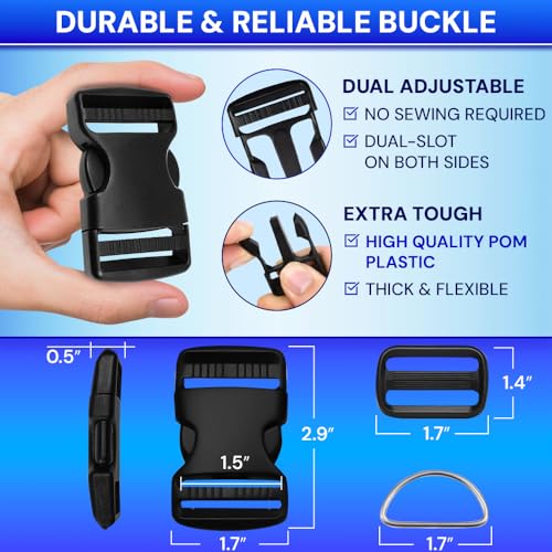TECEUM 1.5" Nylon Strap Kit with Buckles, Black 6 yards Repair Set | Heavy duty hardware kit: 6yd webbing, 6 quick release buckles, 12 tri-glide slide clips, 6 metal D-rings for crafting. - color: Black, size: 1.5" - 6 yards, style: 6 Buckle - 12 Slides -