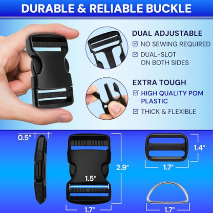 TECEUM 1.5" Nylon Strap Kit with Buckles, Black 6 yards Repair Set | Heavy duty hardware kit: 6yd webbing, 6 quick release buckles, 12 tri-glide slide clips, 6 metal D-rings for crafting. - color: Black, size: 1.5" - 6 yards, style: 6 Buckle - 12 Slides -