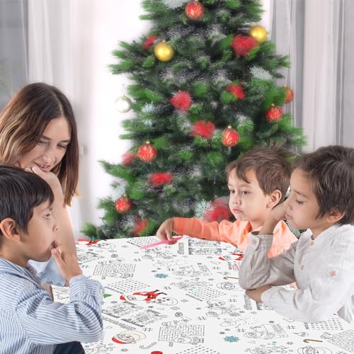 Whaline Christmas Coloring Tablecloth 54 x 108 Inch 6 Games Xmas Santa Claus Themed Color-in Paper Disposable Table Cover for Winter Holiday Birthday Party Supplies Set