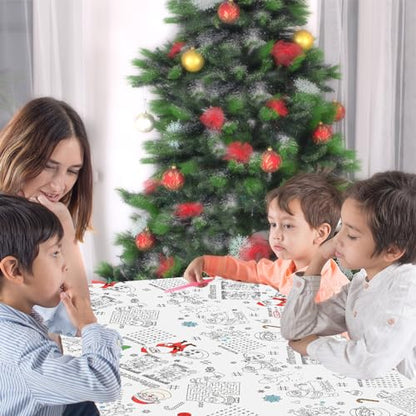 Whaline Christmas Coloring Tablecloth 54 x 108 Inch 6 Games Xmas Santa Claus Themed Color-in Paper Disposable Table Cover for Winter Holiday Birthday Party Supplies Set