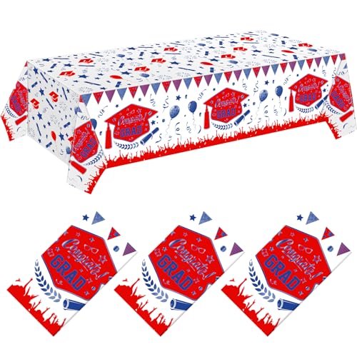 Kinlop 3 Pcs Graduation Tablecloths Class of 2026 Graduation Party Decoration Supplies 51" x 108" Plastic Congrats Grad Table Covers Disposable Graduate Tablecloths(Blue, Red) - color: Blue, Red