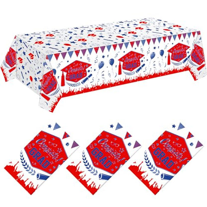 Kinlop 3 Pcs Graduation Tablecloths Class of 2026 Graduation Party Decoration Supplies 51" x 108" Plastic Congrats Grad Table Covers Disposable Graduate Tablecloths(Blue, Red) - color: Blue, Red