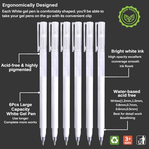 White Gel Pens, 6 Size Opaque White Ink Pens for Black Paper | White Pens for Sketching, Drawing, Journaling & DIY Crafts, Ideal Drawing Pens for Artists & Art Supplies - size: 6