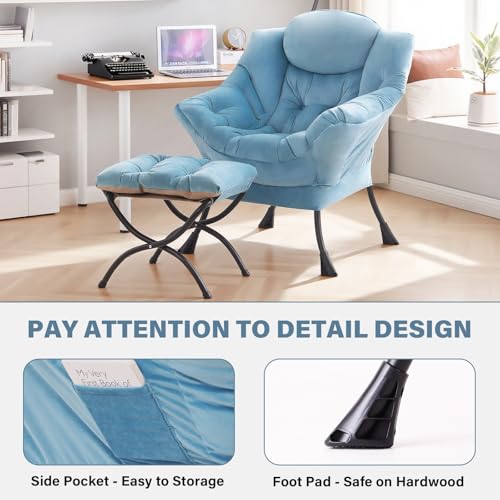 Tiita Lazy Chair with Ottoman, Comfy Reading Accent Chair, Light Blue | Foldable Footrest, Padded Seat and Backrest, Side Pocket for Lounging in Living Rooms, Bedrooms, Dorms and Small Spaces - color: Light Blue