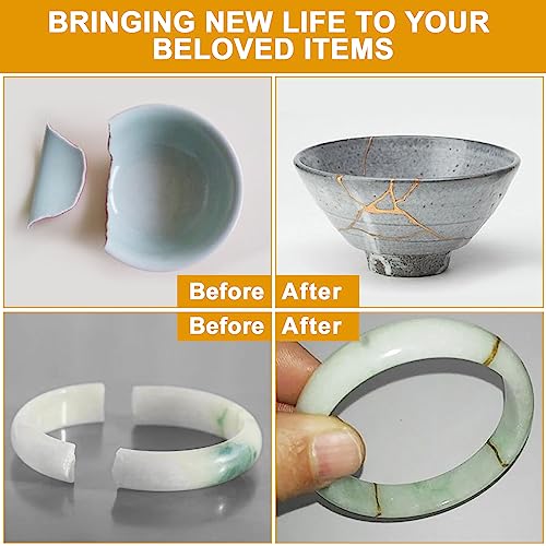 deuvuo Kintsugi Repair Kit Gold, 21 Pcs Authentic Kintsugi Repair Kit to Revive Your Broken Ceramic, Pottery, Mug, Bowl, Glass Keepsakes with Ease - Japanese Art DIY Set Bio for Beginners