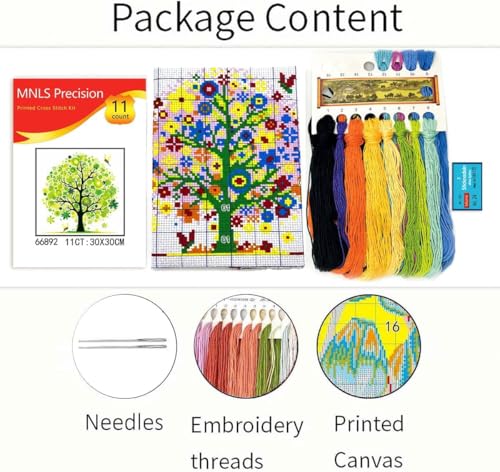 Zhenqing Green Tree of Life Stamped Cross Stitch Kit, 11CT Printed Peace Tree with Bees Pattern, 11.8 x 11.8 Inch DIY Embroidery Kit - color: Green Peace Tree