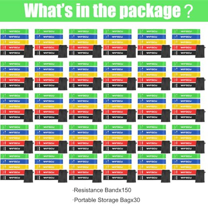 150 Pcs Bulk Fitness Resistance Bands Set for Gym Members Sports Class Students Gift, 5 Pieces Each with Storage & Carry Bag, Professional Grade Elastic Bands for Home Outdoor Workout Yoga Pilates