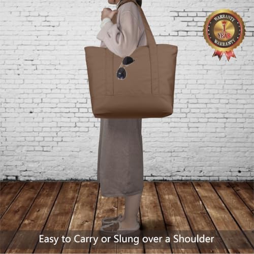 TOPDesign 1-Pack Canvas Tote Bag with an External Pocket, Reusable Grocery Shopping Bag, Top Zipper Closure, Daily Essentials (Brown) - color: Brown