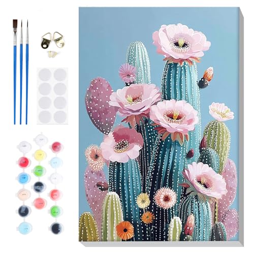 Bowetile Framed Paint by Numbers Flower Kit for Adults, Adults' Paint-by-Number Kits on Canvas, Painting by Numbers Cactus, Acrylic Number Painting Gifts for Home Wall Decor, 8x12in - color: Cactus