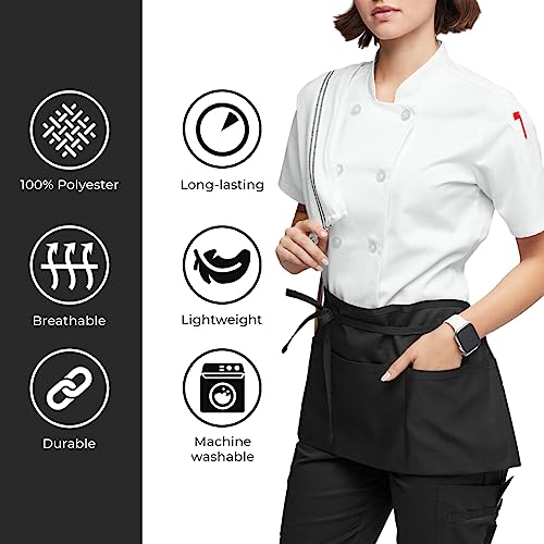 Avalon Kitchen Server Aprons with 3 Pockets – 100% Polyester Waist Apron, 24x12 Inch Half Apron, Waitress Apron for Servers - color: Black, style: Pack of 4