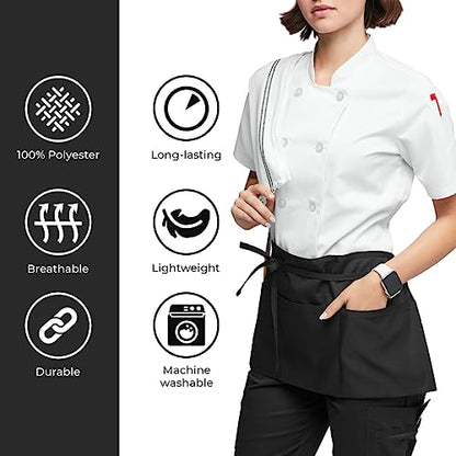 Avalon Kitchen Server Aprons with 3 Pockets – 100% Polyester Waist Apron, 24x12 Inch Half Apron, Waitress Apron for Servers - color: Black, style: Pack of 4