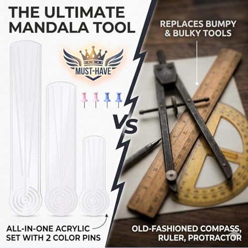 3-in-1 Mandala Ruler Tool with Holes, 3 Size Mandala Dot Art Circle Maker, Compass Protractor Straight Dotting Ruler for DIY Drawing Stencil Mandala Pattern Design
