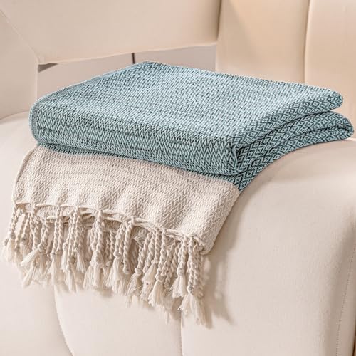 Peshtemania Premium Cotton Throw Blanket, 50x60 inches, Light Blue, Turkish Herringbone, Farmhouse Decor, Yoga Blanket, Picnic Blanket