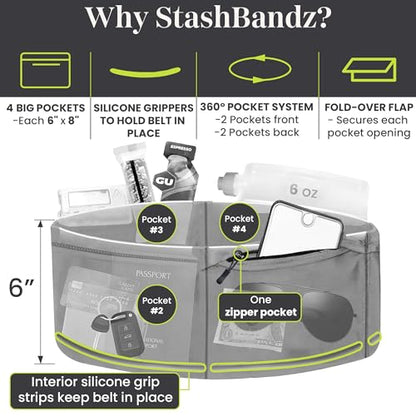 StashBandz Running Belt Money Belt 4-Pocket Phone Holder - color: Black, size: Small