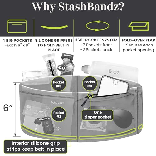 StashBandz Running Belt Money Belt 4-Pocket Phone Holder - color: Neon Green, size: Small
