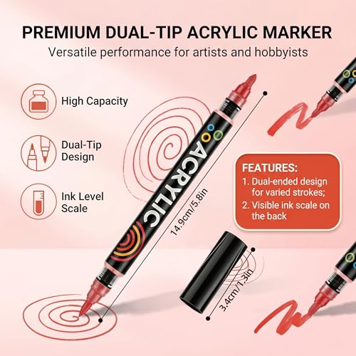 Dual Tips Acrylic Paint Markers - Fine Tip and Brush Tip Acrylic Paint Pens for Stone,Paper,Wood,Glass,Fabric Paint,DIY Crafts (6, Red) - color: Red