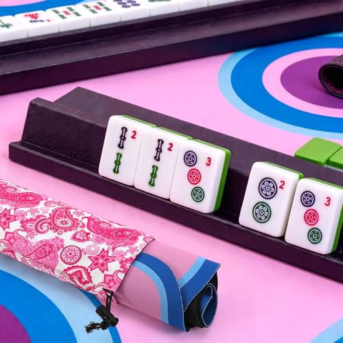 35 Inch Pink Printed Mahjong Mat Carrying Bag with Strap Canvas Drawstring Mahjong Holder Bag for Yoga Mats Board Games Travel Storage