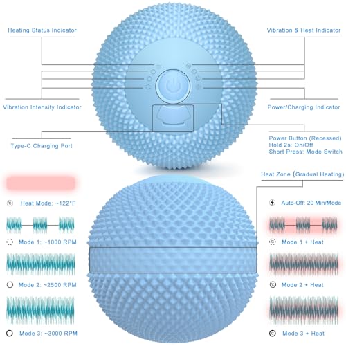 Vibrating Massage Ball with Heat, 7 Modes & Memory Function, Portable Deep Tissue Massage Ball for Back, Shoulders, Hips, Legs & Feet, Rechargeable Muscle Massager (Blue) - color: Blue