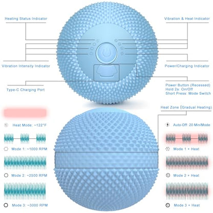 Vibrating Massage Ball with Heat, 7 Modes & Memory Function, Portable Deep Tissue Massage Ball for Back, Shoulders, Hips, Legs & Feet, Rechargeable Muscle Massager (Blue) - color: Blue