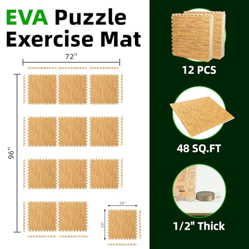 Art3d 12 Pack 24" x 24" EVA Interlocking Exercise Mats, 1/2" Thick Foam Puzzle Flooring for Workout, Gym Equipments, Training Areas, 48 Sq.FT, Teak - color: Teak, size: 48 Sq Ft